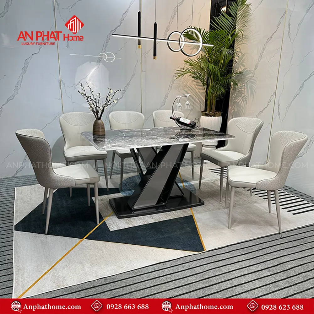 Bộ bàn ăn mặt đá 6 ghế hiện đại BA-2008 10 Khung bàn thiết kế hiện đại chắc chắn màu ghi kết hợp mặt bàn đá thạch anh phù hợp với tất cả các không gian khác nhau