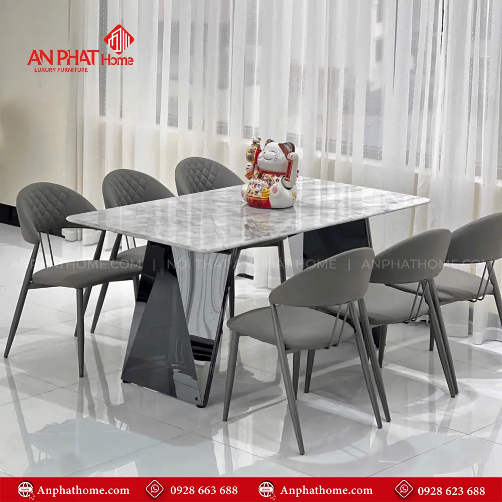 Bộ bàn ăn mặt đá 6 ghế nhập khẩu BA-1948 16 Bàn Ăn BA-1948 mặt đá thạch anh kết hợp chân bàn mạ titan cao cấp tạo lên nét sang trọng hiện đại
