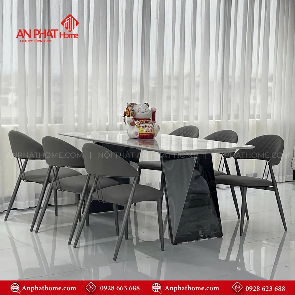 Bộ bàn ăn mặt đá 6 ghế nhập khẩu BA-1948 14 Bàn Ăn BA-1948 mặt đá thạch anh kết hợp chân bàn mạ titan cao cấp tạo lên nét sang trọng hiện đại