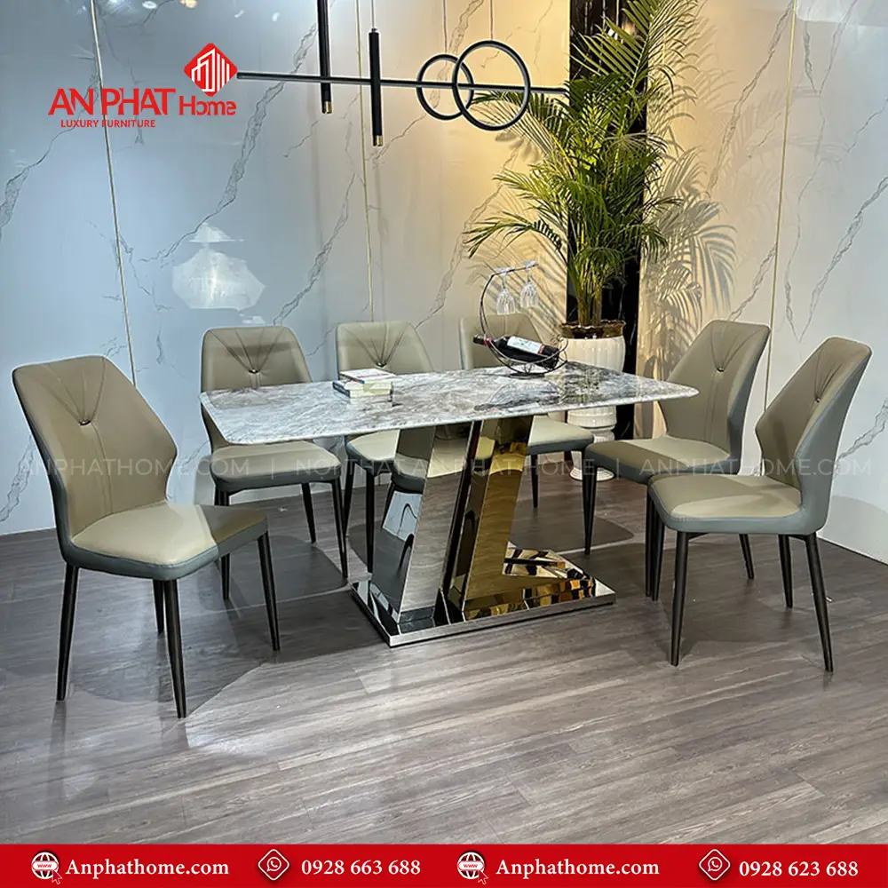Ghế da nhập khẩu thiết kế sang trọng, mặt bàn đá thạch anh cao cấp, tạo lên nét đẹp quý phái của bộ bàn ăn BA-1986