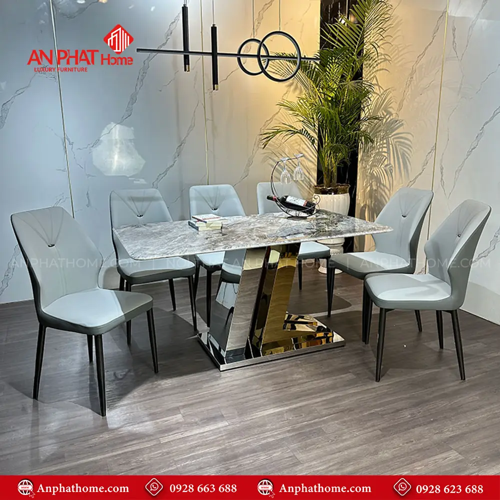 Bộ bàn ăn mặt đá cao cấp 6 ghế BA-1986, Khung inox 6 ghế bọc da Microfiber cao cấp