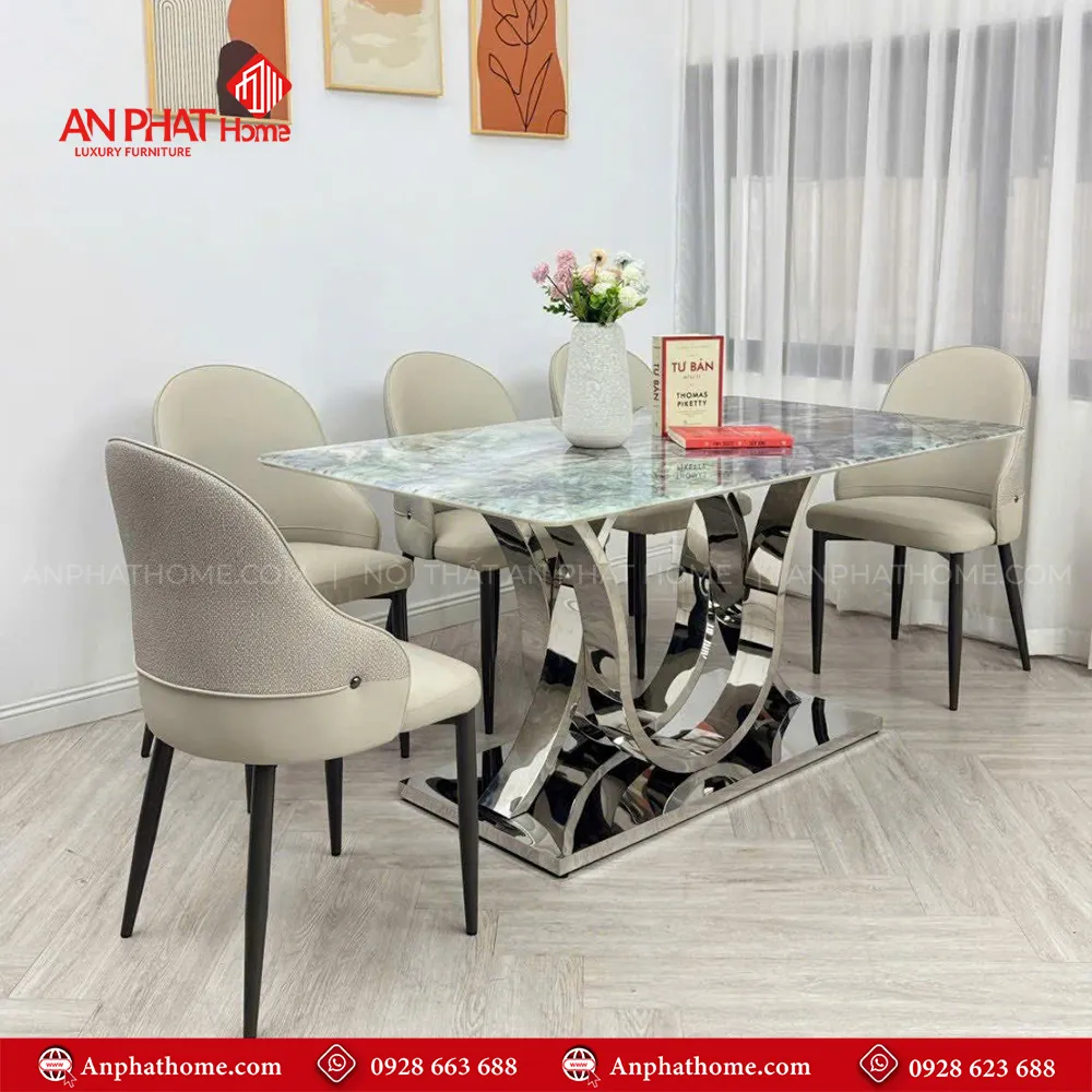 Bộ bàn ăn mặt đá cao cấp nhập khẩu 6 ghế BA-1989 15 Mẫu bàn ăn BA-1989 nhận được rất nhiều sự quan tâm từ phía khách hàng, sang trọng, hiện đại, kích thước mặt bàn đá đa dạng có thể ngồi từ 4 – 8 người, khách hàng lưu ý lựa chọn kích thước mặt bàn theo nhu cầu sử dụng