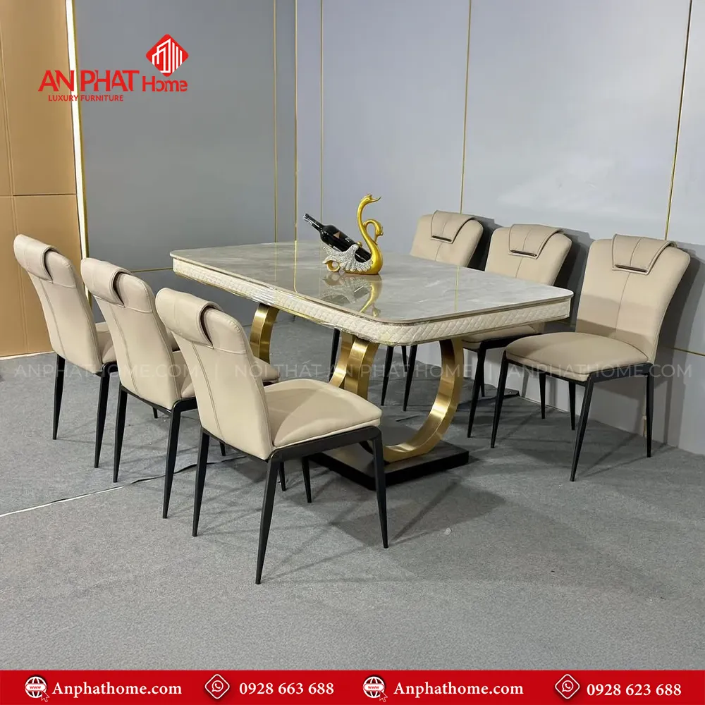 Bộ bàn ăn mặt đá cao cấp nhập khẩu BA-1937 12 Mẫu Bộ bàn ăn mặt đá ceramic sang trọng BA-1937 khung inox mạ vàng