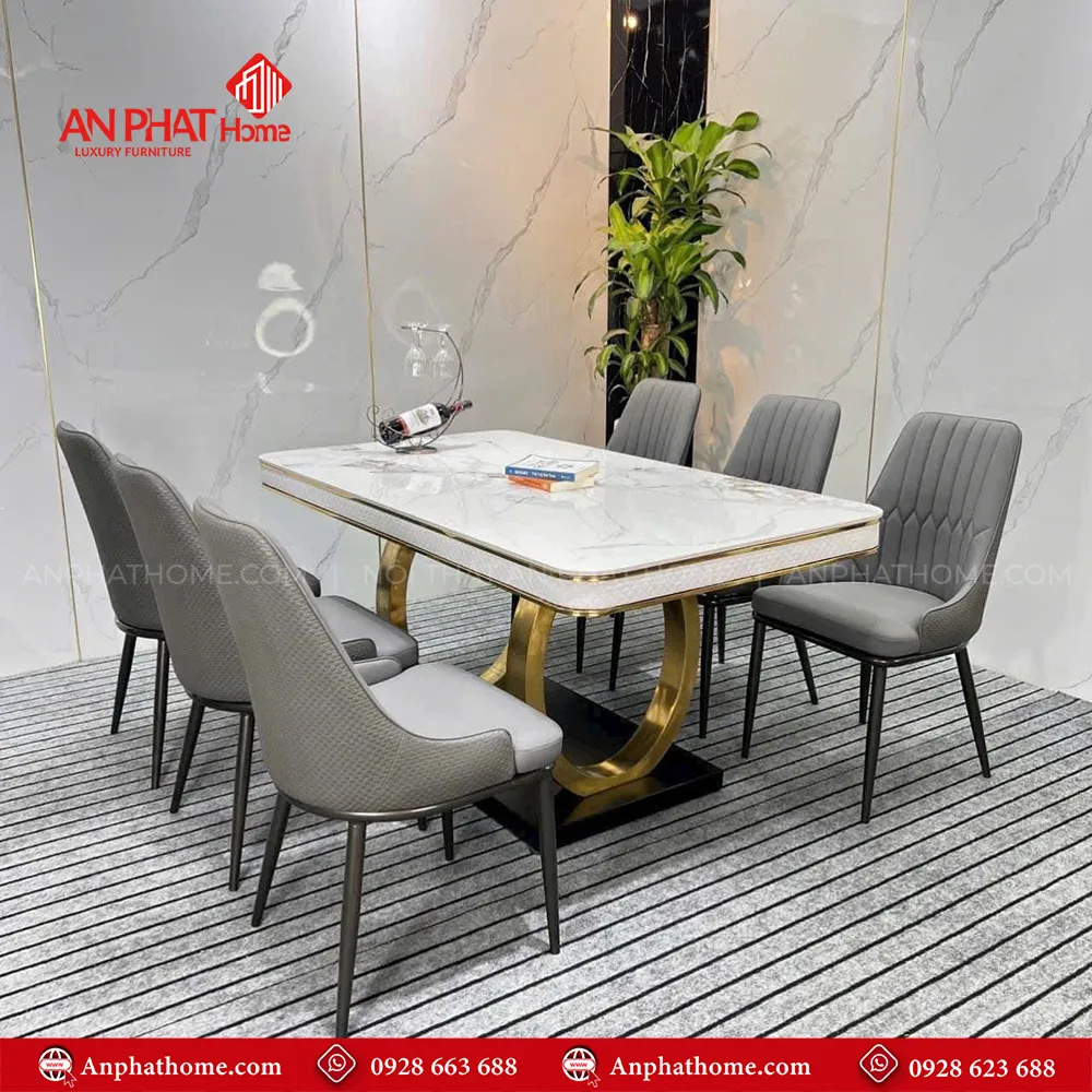Bộ bàn ăn mặt đá ceramic sang trọng BA-1935 18 Mẫu Bộ bàn ăn mặt đá ceramic sang trọng BA-1935 khung inox mạ vàng