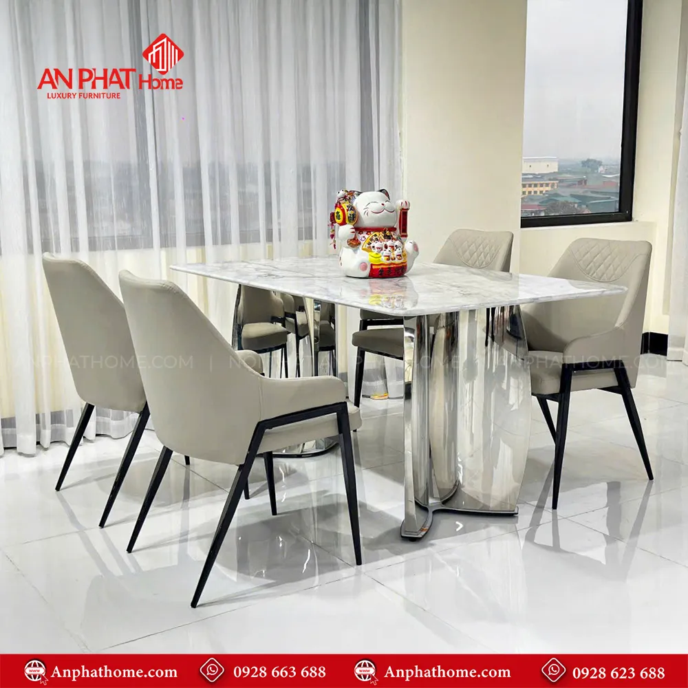 Bộ bàn ăn mặt đá chân inox ghế da cao cấp nhập khẩu BA-1920 12 Bộ bàn ăn BA-1920 Với thiết kế sang trọng chân bàn được sử dụng chất liệu inox cao cấp, kết hợp với ghế da nhập khẩu, tổng thể bộ bàn ăn phù hợp với tất cả mọi không gian