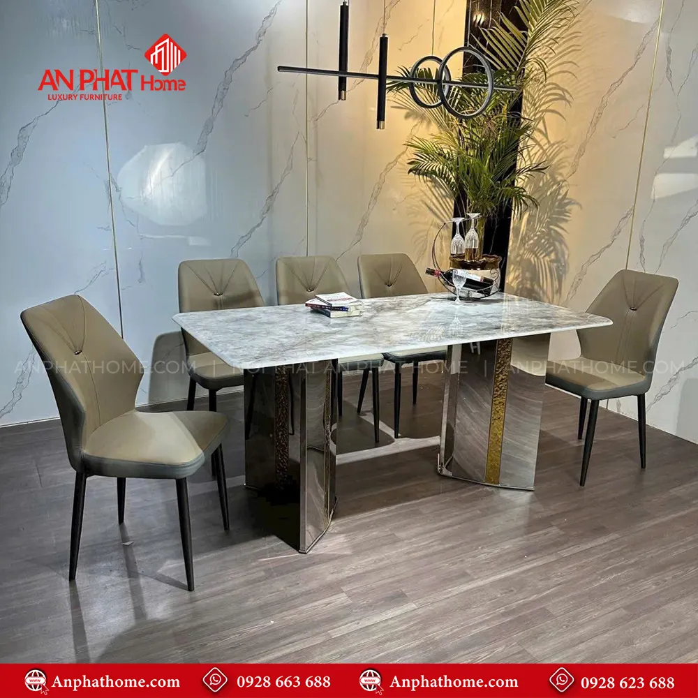 Bộ bàn ăn mặt đá chân inox 6 ghế nhập khẩu BA-2016 13 Ghế da thiết kế sang trọng, bọc da Microfiber cao cấp