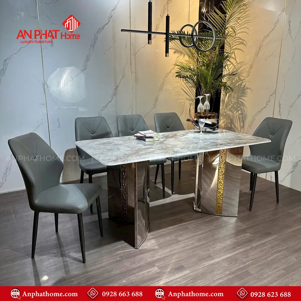 Bộ bàn ăn mặt đá chân inox 6 ghế nhập khẩu BA-2016 11 Bộ bàn ăn mặt đá chân inox 6 ghế nhập khẩu BA-2016, Khung inox 6 ghế bọc da Microfiber cao cấp