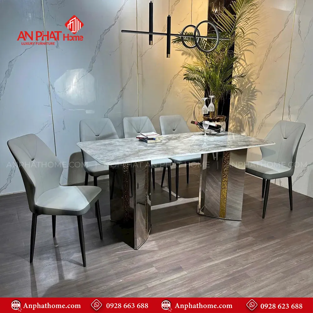 Bộ bàn ăn mặt đá chân inox 6 ghế nhập khẩu BA-2016 12 Kích thước mặt bàn đa dạng có thể chọn các kích thước từ 1m40cm – 2m20cm ngồi từ 4- 8 người, trong bộ bàn đã có 6 ghế đi kèm, tùy theo nhu cầu sử dụng quý khách có thể mua thêm ghế