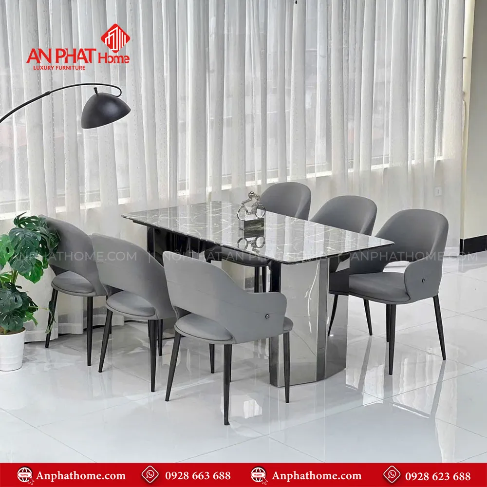 Bộ bàn ăn mặt đá ghế da cao cấp nhập khẩu BA-1959 14 Bàn ăn BA-1959 khung được làm từ inox tráng gương sang trọng, kết hợp mặt đá thạch anh cao cấp