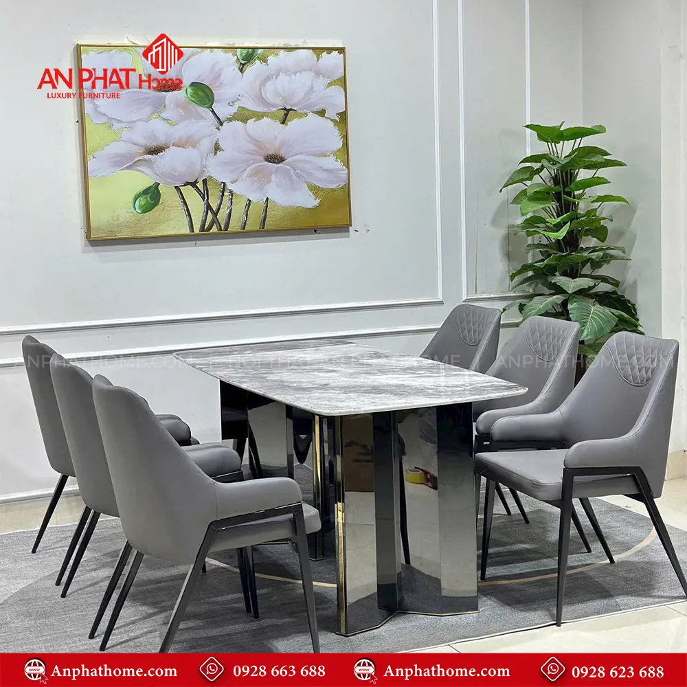 Bộ bàn ăn mặt đá ghế da nhập khẩu BA-1924 9 Bộ bàn ăn mặt đá ghế da nhập khẩu BA-1924