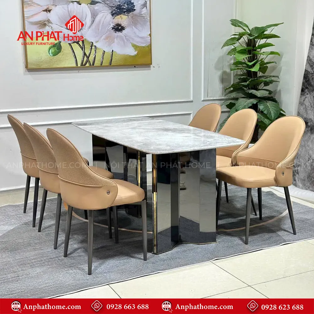 Bộ bàn ăn mặt đá ghế da nhập khẩu BA-1924 10 Bàn Ăn BA-1924 mặt đá thạch anh kết hợp chân bàn mạ titan cao cấp tạo lên nét sang trọng hiện đại
