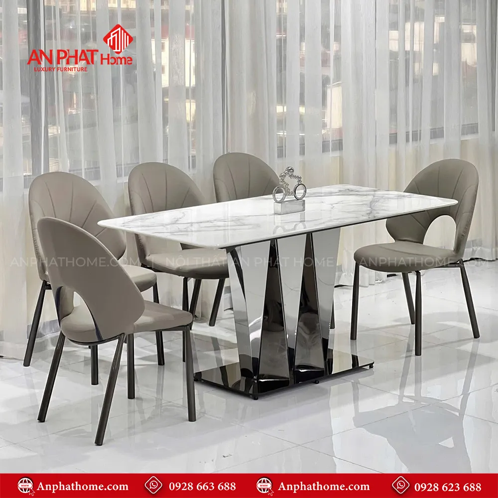 Bộ bàn ăn mặt đá hiện đại BA-1928 12 Bộ bàn ăn mặt đá hiện đại BA-1928 khung bàn thiết kế hiện đại chất liệu inox sáng bóng cực kỳ sang trọng
