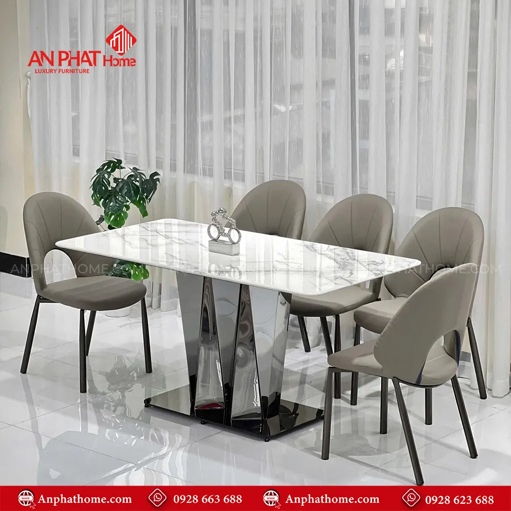 Bộ bàn ăn mặt đá hiện đại BA-1928 14 Bàn ăn BA-1928 có nhiều kích thước khác nhau, từ 1m20 - 2m20, kết hợp từ 4 ghế ngồi - 8 ghế... Tùy theo nhu cầu của khách hàng lựa chọn