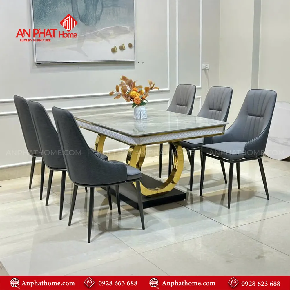 Bộ bàn ăn mặt đá kèm ghế da nhập khẩu BA-1938 11 Bàn ăn mặt đá Ceramic sự lựa chọn hàng đầu cho không gian bếp hiện đại. Kích thước bàn đa dạng từ 1m20cm – 1m80cm phù hợp với hầu hết diện tích phòng ăn khác nhau