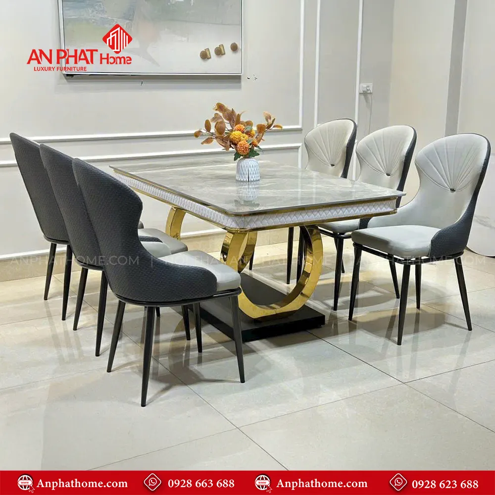 Bộ bàn ăn mặt đá kèm ghế da nhập khẩu BA-1938 12 Bàn ăn mặt đá Ceramic với khả năng chống ố hoàn hảo, giữ gìn vẻ đẹp lâu bền