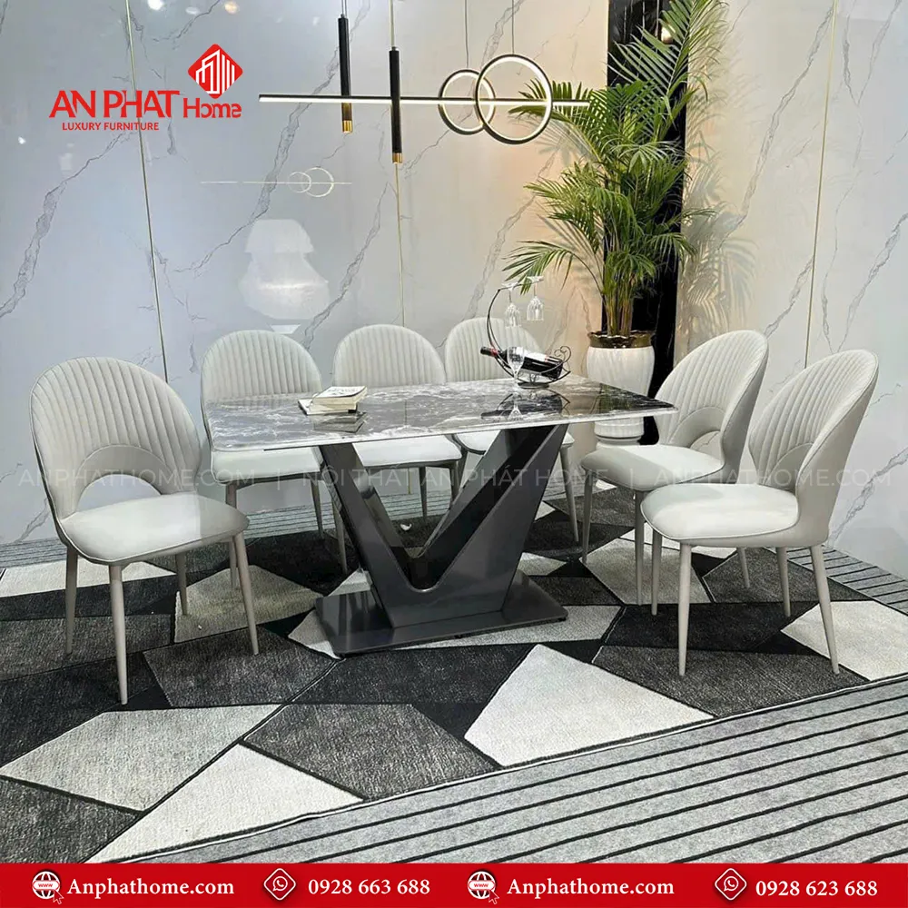 Bộ bàn ăn mặt đá kèm ghế da nhập khẩu BA-1942 11 Khung bàn thiết kế hiện đại chắc chắn màu ghi kết hợp mặt bàn đá thạch anh phù hợp với tất cả các không gian khác nhau