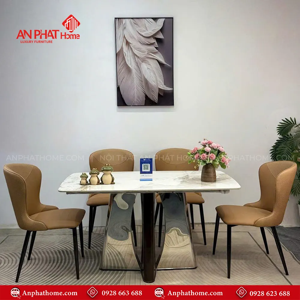 Bộ bàn ăn mặt đá khung inox 4 ghế cao cấp BA-2010 7 Bộ bàn ăn mặt đá khung inox 4 ghế cao cấp BA-2010, Mặt đá Thạch Anh kết hợp sự sang trọng của inox và sự yêm ai của da Microfiber nhập khẩu