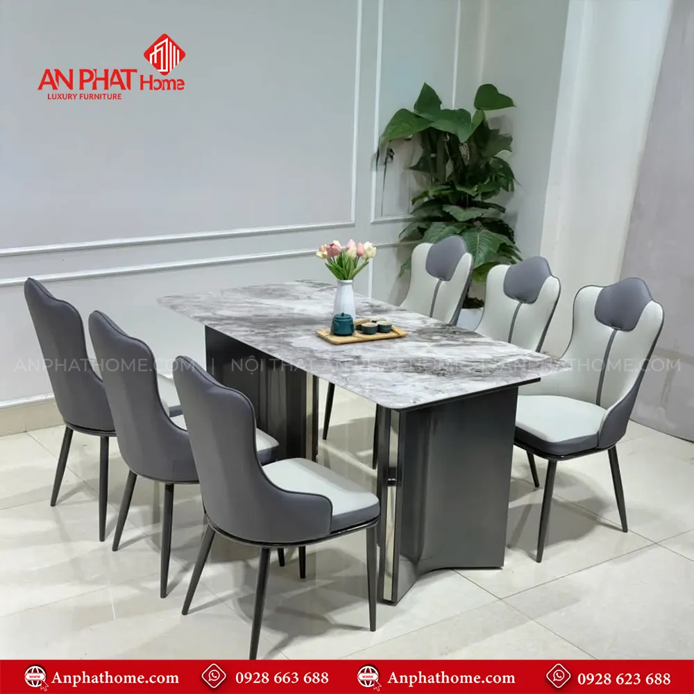 Bộ bàn ăn mặt đá nhập khẩu BA-1926 10 Bàn ăn BA-1926 thiết kế chân uốn cong mang lại thẩm mỹ hiện đại sang trọng, kết hợp khung mạ titan sang trọng