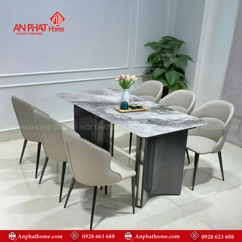 Bộ bàn ăn mặt đá nhập khẩu BA-1926 12 Bàn ăn BA-1926 có nhiều kích thước từ 1m40 - 1m80 - 2m20 tùy theo nhu cầu sử dụng của khách hàng