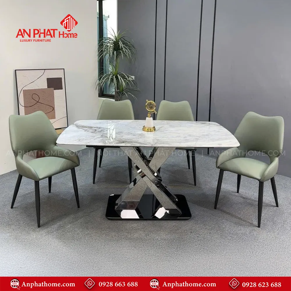 Bộ bàn ăn mặt đá nhập khẩu chân inox hiện đại BA-1922 21 Bàn ăn mặt đá thạch anh ( vi tinh thể ) mã BA-1922 Với đa dạng kích thước từ, dài 1m40 – 1m80 – 2m.. kết hợp 4 ghế – 8 ghế tùy theo nhu cầu