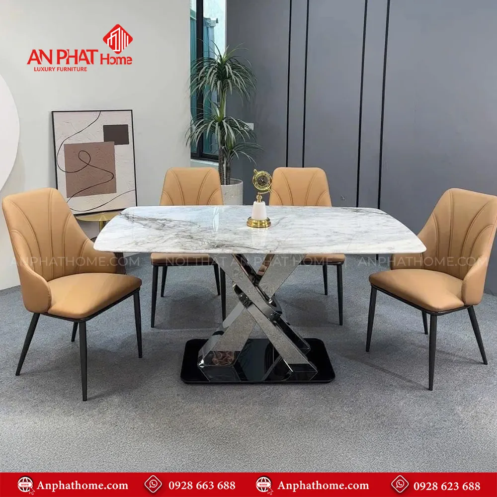Bộ bàn ăn mặt đá nhập khẩu chân inox hiện đại BA-1922 20 Bộ bàn ăn BA-1922 Với thiết kế sang trọng chân bàn được sử dụng chất liệu inox cao cấp, kết hợp với ghế da nhập khẩu, tổng thể bộ bàn ăn phù hợp với tất cả mọi không gian