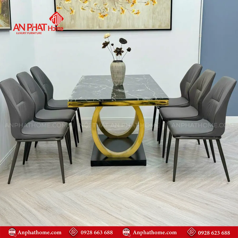 Bộ bàn ăn mặt đá sang trọng BA-1934 15 Mẫu bàn ăn mặt đá có đường nét thiết kế sang trọng, phù hợp xu hướng hiện nay, kích thước bàn đa dạng kết hợp 4 ghế - 6 nghế - 8 nghế phù hợp với nhu cầu của mọi không gian