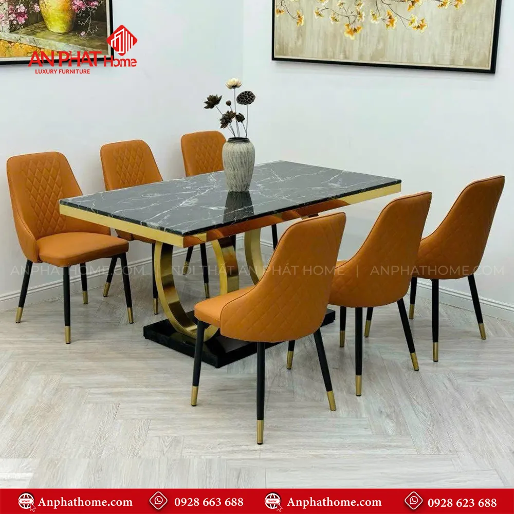 Bộ bàn ăn mặt đá sang trọng BA-1934 13 Bộ bàn ăn mặt đá sang trọng BA-1934 Khung bàn inox mạ titan cao cấp sang trọng