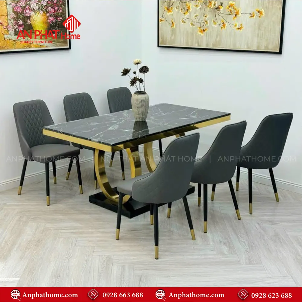 Bộ bàn ăn mặt đá sang trọng BA-1934 14 Bàn ăn mặt đá Ceramic với khả năng chống ố hoàn hảo, giữ gìn vẻ đẹp lâu bền