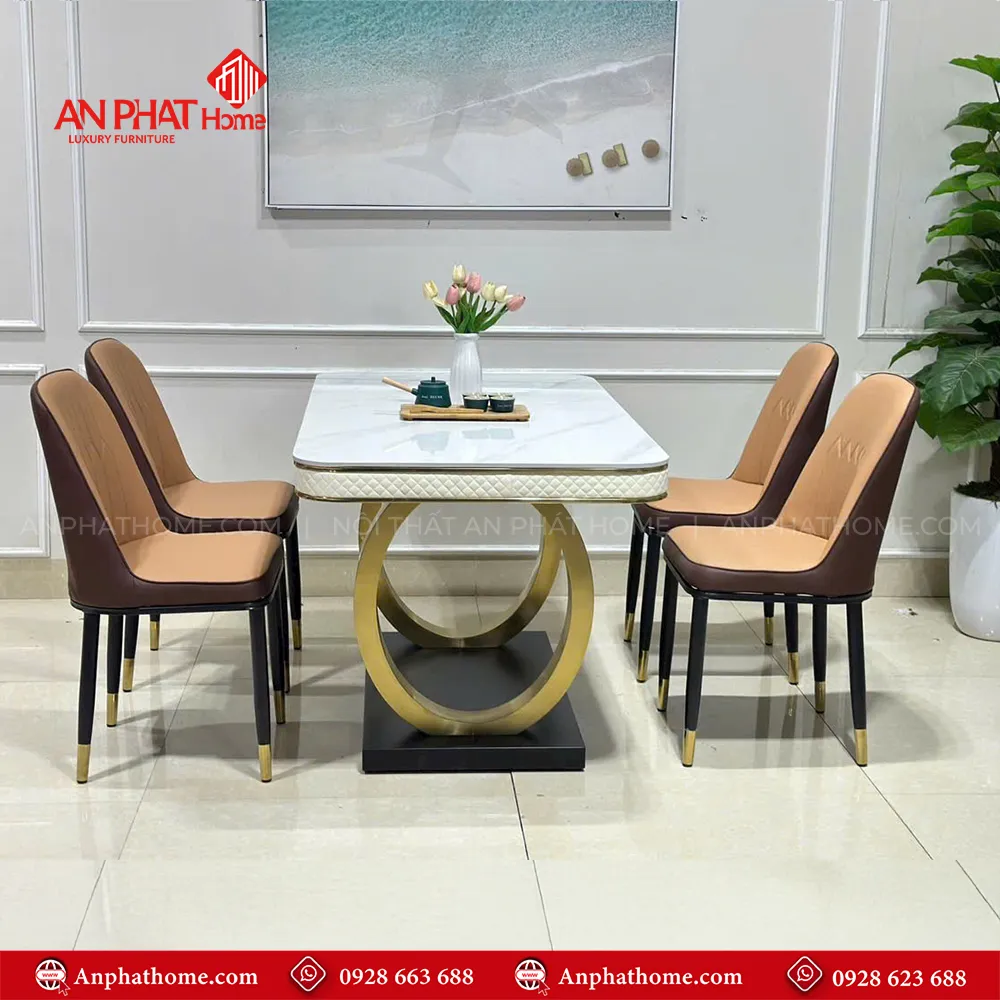 Bộ bàn ăn mặt đá sang trọng nhập khẩu BA-1936 10 Mẫu Bộ bàn ăn mặt đá ceramic sang trọng BA-1935 khung inox mạ vàng