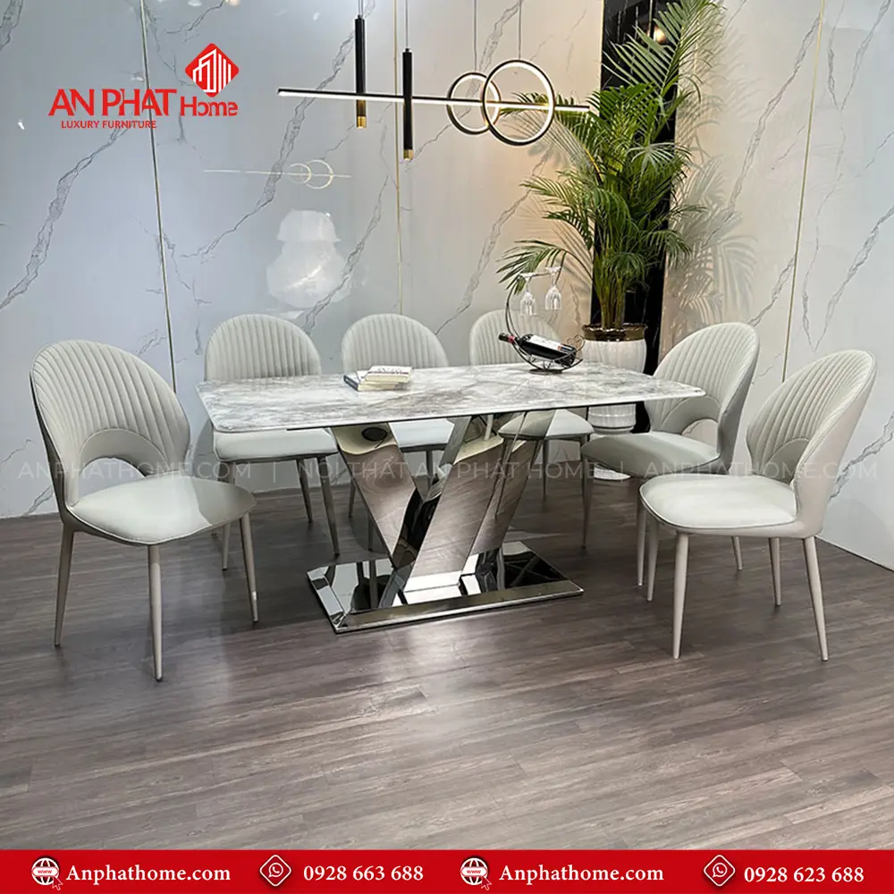 Bộ bàn ăn mặt đá thạch 6 ghế anh khung inox BA-1987, khung được làm từ inox tráng gương sang trọng, 6 ghế bọc da Microfiber cao cấp