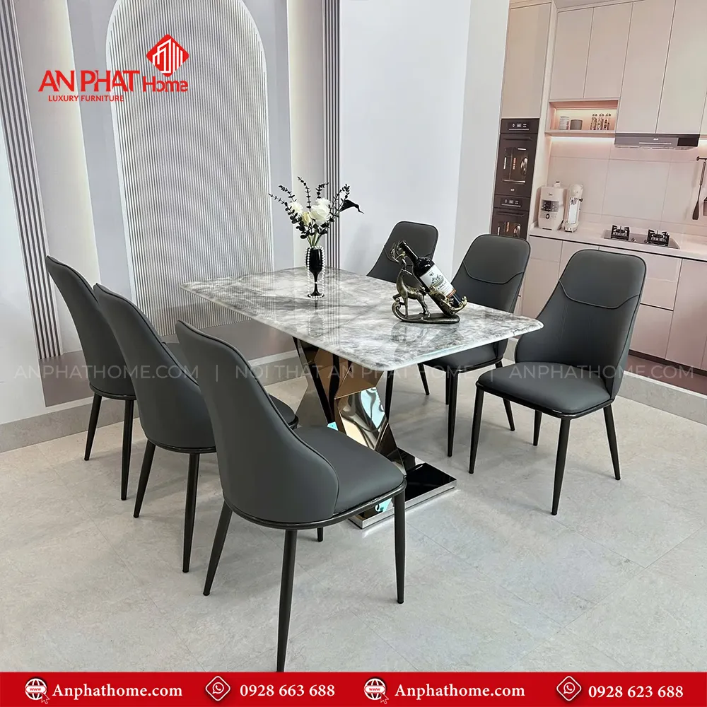 Bộ bàn ăn mặt đá thạch anh 6 ghế bọc da nhập khẩu BA-1951 12 Bộ bàn ăn BA-1951 thiết kế hiện đại chân inox sáng bóng kết hợp mặt đá thạch anh độ bền cao, cùng ghế da cao cấp tạo điển nhấn cho không gian