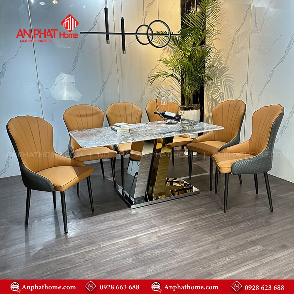 Bộ bàn ăn mặt đá thạch anh 6 ghế cao cấp BA-1975 9 Bộ bàn ăn mặt đá thạch anh 6 ghế cao cấp BA-1975, Khung inox 6 ghế bọc da Microfiber cao cấp