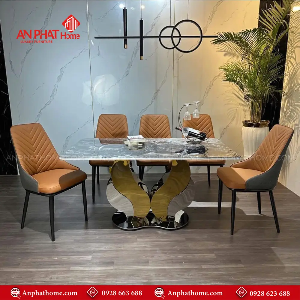 Bộ bàn ăn mặt đá thạch anh 6 ghế cao cấp BA-1982, Khung inox 6 ghế bọc da Microfiber cao cấp