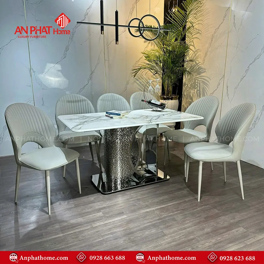 Bộ bàn ăn mặt đá thạch anh 6 ghế cao cấp BA-2015 12 Chân bàn thiết kế vô cùng sang trọng, mặt bàn đá thạch anh với nhiều kích thước đa dạng từ 1m40 – 2m20 quý khách có thể lựa chọn mua thêm số lượng ghế, tùy theo nhu cầu sử dụng.