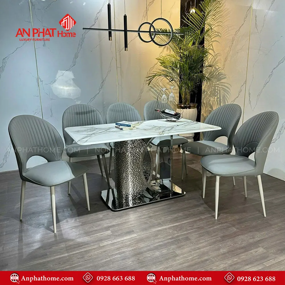 Bộ bàn ăn mặt đá thạch anh 6 ghế cao cấp BA-2015 13 Ghế da nhập khẩu thiết kế sang trọng, mặt bàn đá thạch anh cao cấp, tạo lên nét đẹp quý phái của bộ bàn ăn