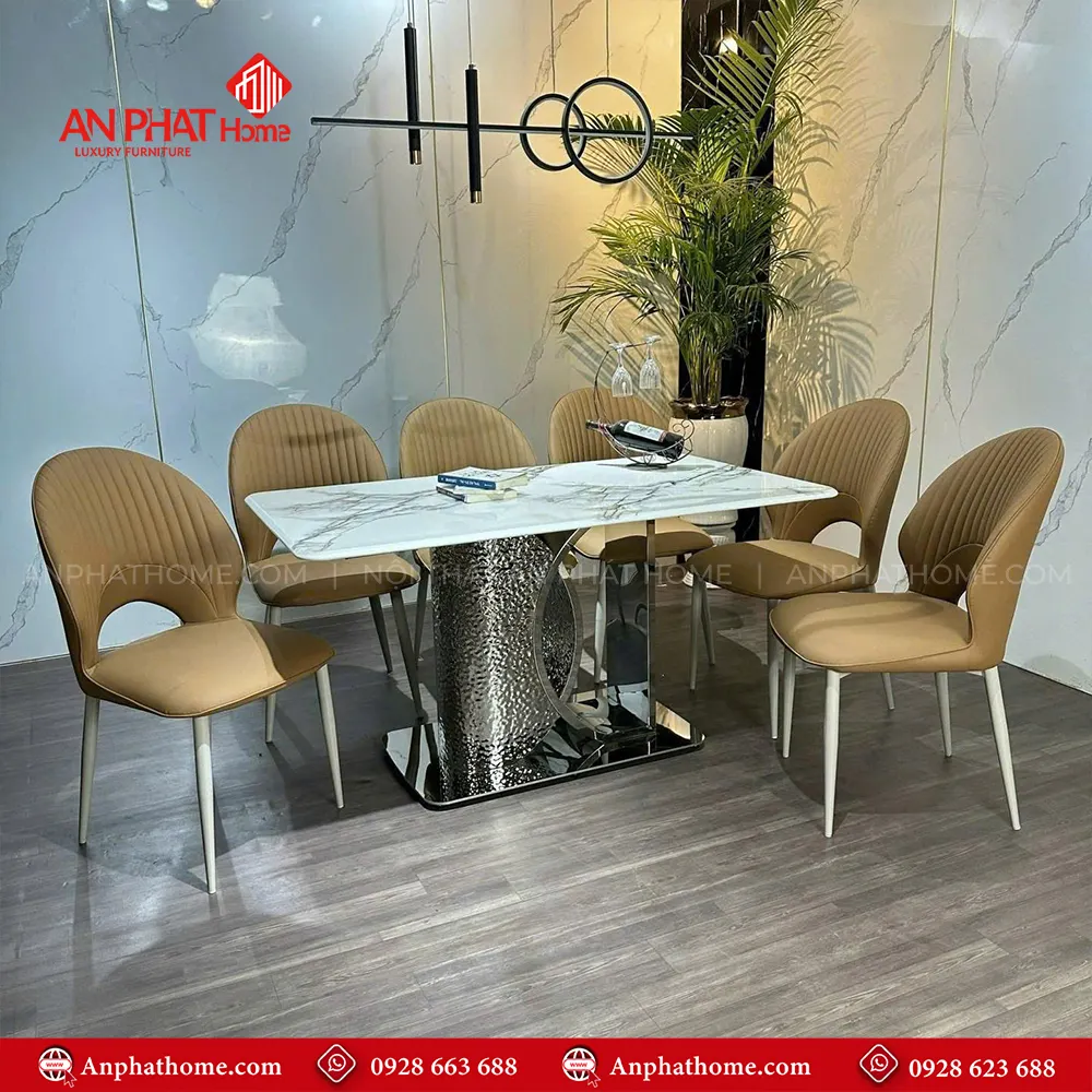 Bộ bàn ăn mặt đá thạch anh 6 ghế cao cấp BA-2015 11 Bộ bàn ăn mặt đá thạch anh 6 ghế cao cấp BA-2015, Mặt đá Thạch Anh kết hợp sự sang trọng của inox và sự yêm ai của da Microfiber nhập khẩu