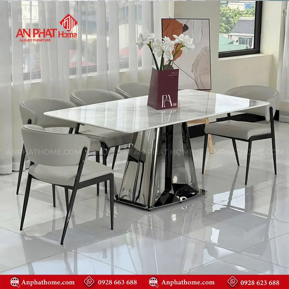 Bộ bàn ăn mặt đá thạch anh 6 ghế cao cấp nhập khẩu BA-2000 11 Bộ bàn ăn mặt đá thạch anh 6 ghế cao cấp nhập khẩu BA-2000, Mặt đá Thạch Anh kết hợp sự sang trọng của inox và sự yêm ai của da Microfiber nhập khẩu