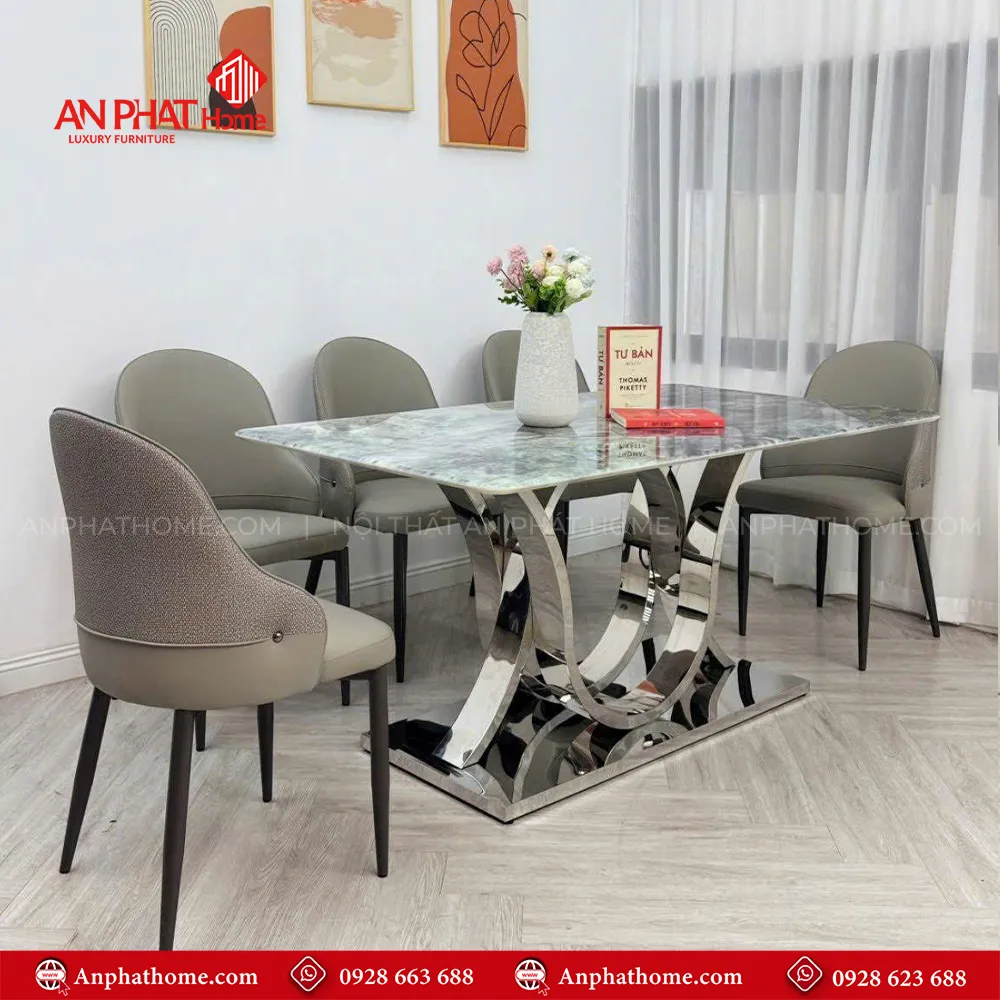 Bộ bàn ăn mặt đá thạch anh 6 ghế da cao cấp BA-1970 20 cùng ngắm lại tổng thể mẫu bàn ăn BA-1970