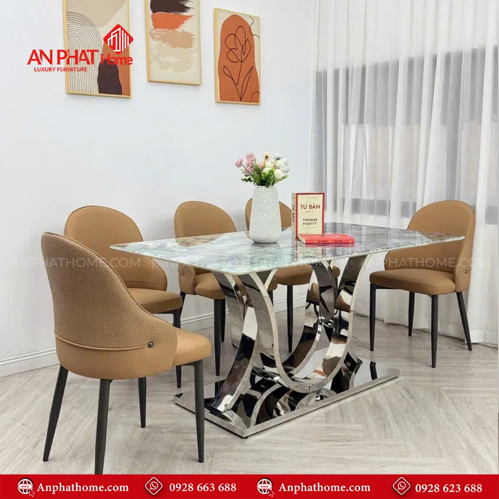 Bộ bàn ăn mặt đá thạch anh 6 ghế da cao cấp BA-1970 17 Đây là mẫu bàn ăn nhận được rất nhiều sự quan tâm từ phía khách hàng, sang trọng, hiện đại, kích thước mặt bàn đá đa dạng có thể ngồi từ 4 - 8 người, khách hàng lưu ý lựa chọn kích thước mặt bàn theo nhu cầu sử dụng