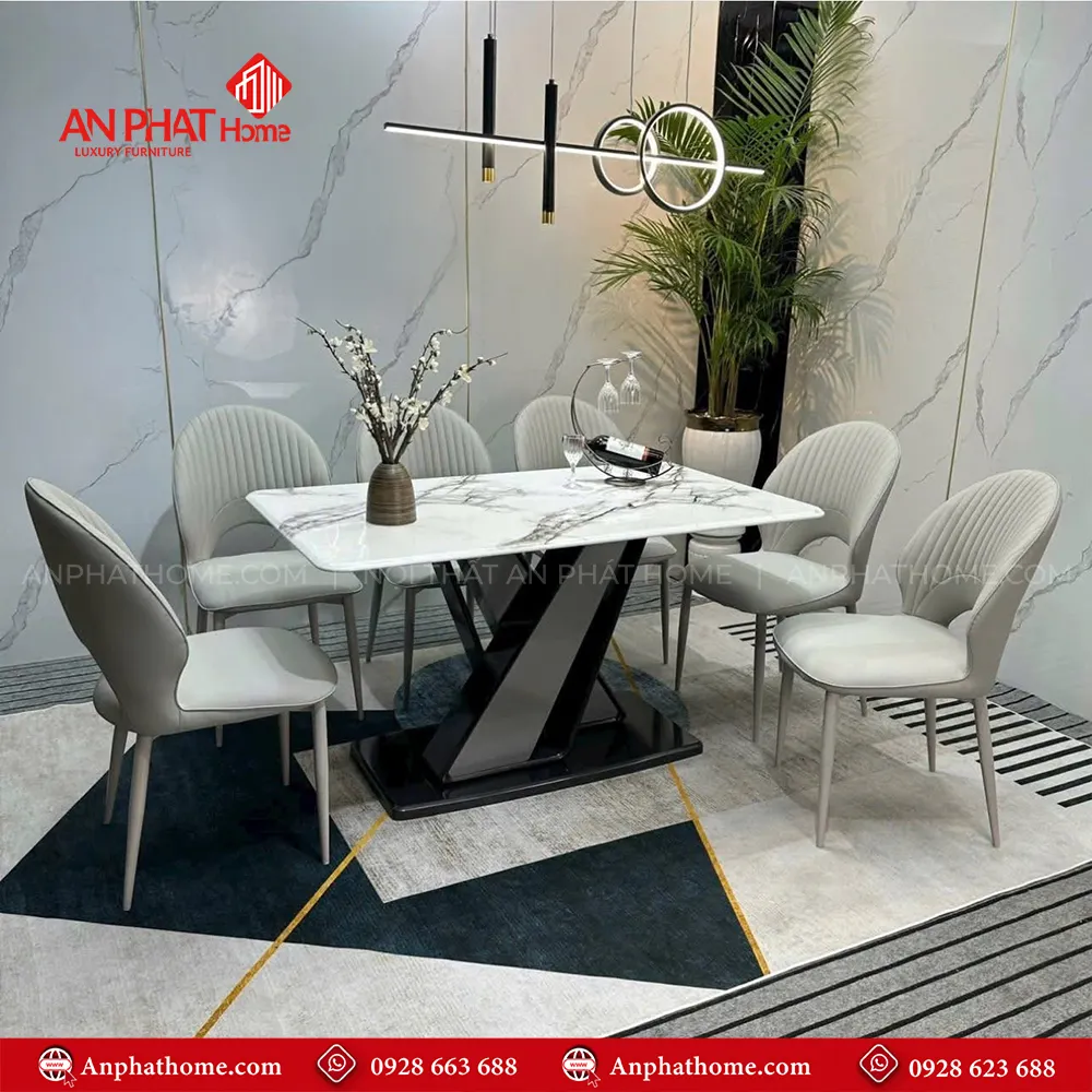 Bộ bàn ăn mặt đá thạch anh 6 ghế da cao cấp BA-1996, Mặt đá Thạch Anh kết hợp sự sang trọng của inox và sự yêm ai của da Microfiber nhập khẩu