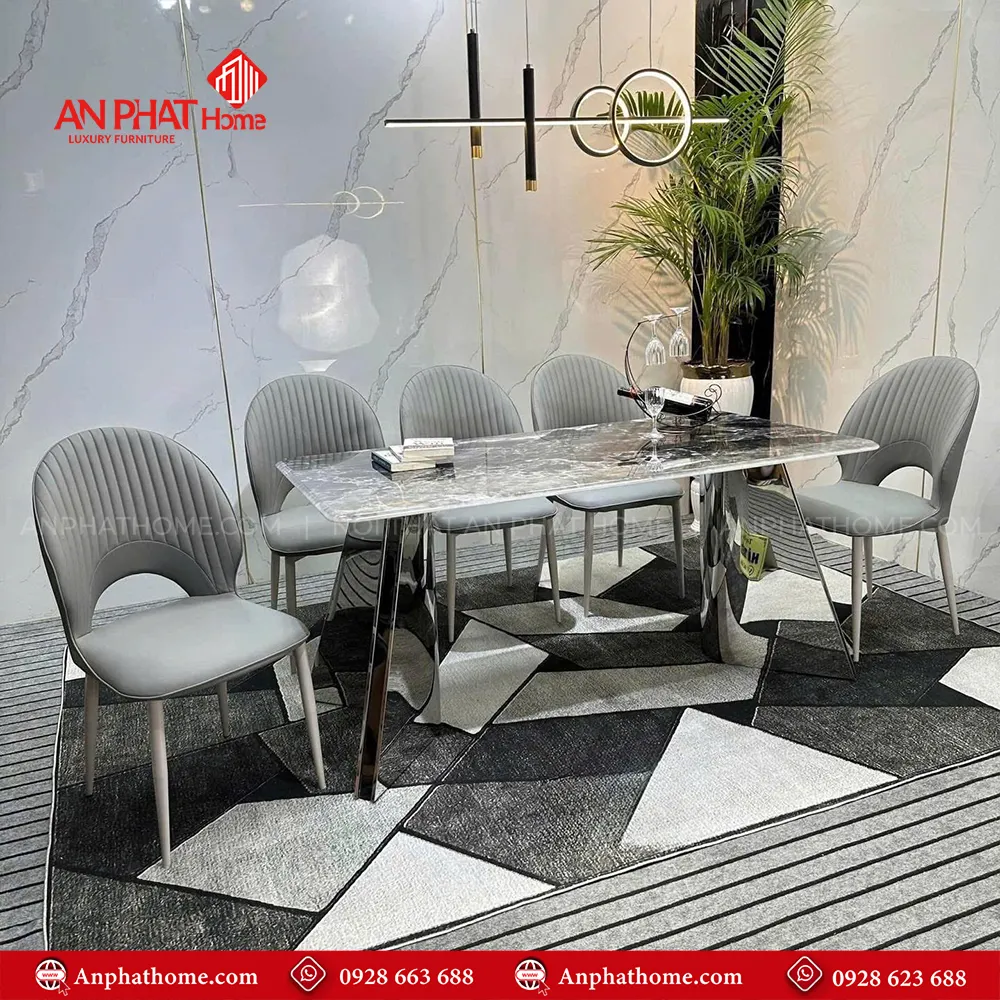 Bộ bàn ăn mặt đá thạch anh 6 ghế da cao cấp BA-2017 14 Chân bàn thiết kế vô cùng sang trọng, mặt bàn đá thạch anh với nhiều kích thước đa dạng từ 1m40 – 2m20 quý khách có thể lựa chọn mua thêm số lượng ghế, tùy theo nhu cầu sử dụng.