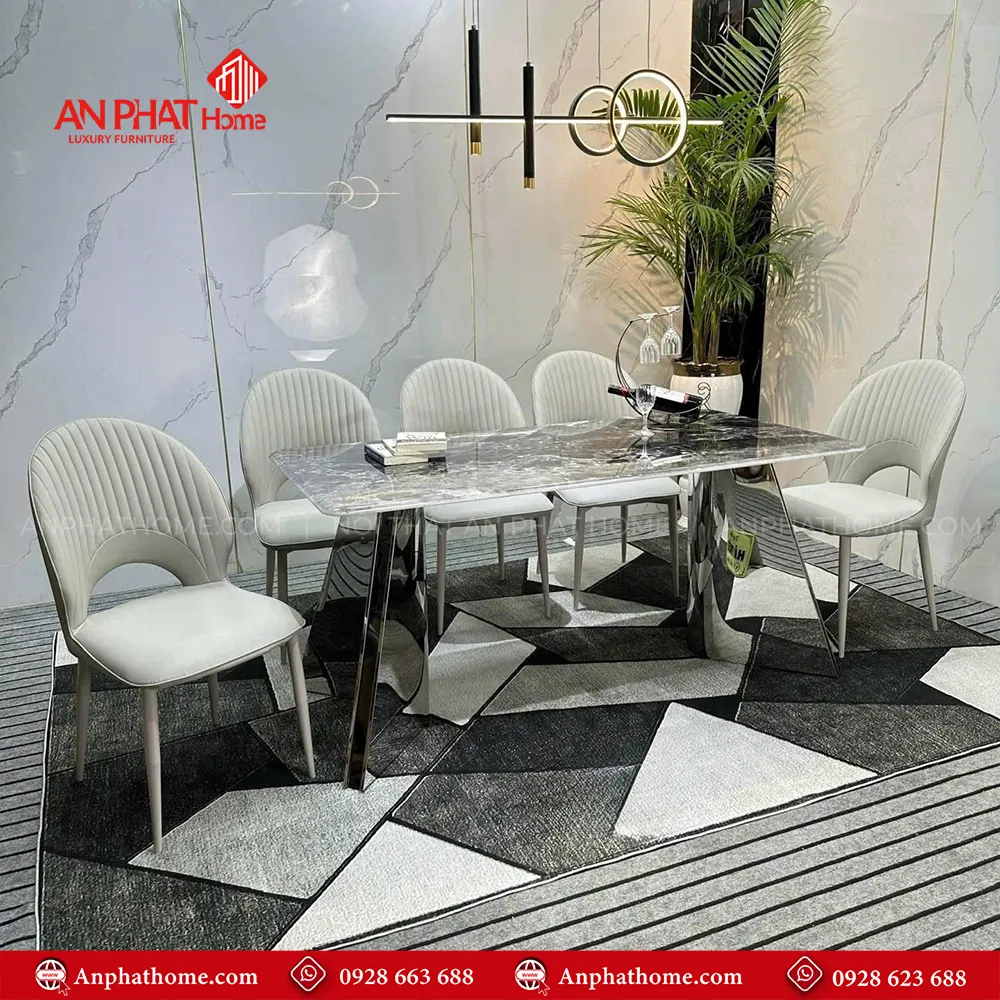 Bộ bàn ăn mặt đá thạch anh 6 ghế da cao cấp BA-2017 15 Ghế da nhập khẩu thiết kế sang trọng, mặt bàn đá thạch anh cao cấp, tạo lên nét đẹp quý phái của bộ bàn ăn