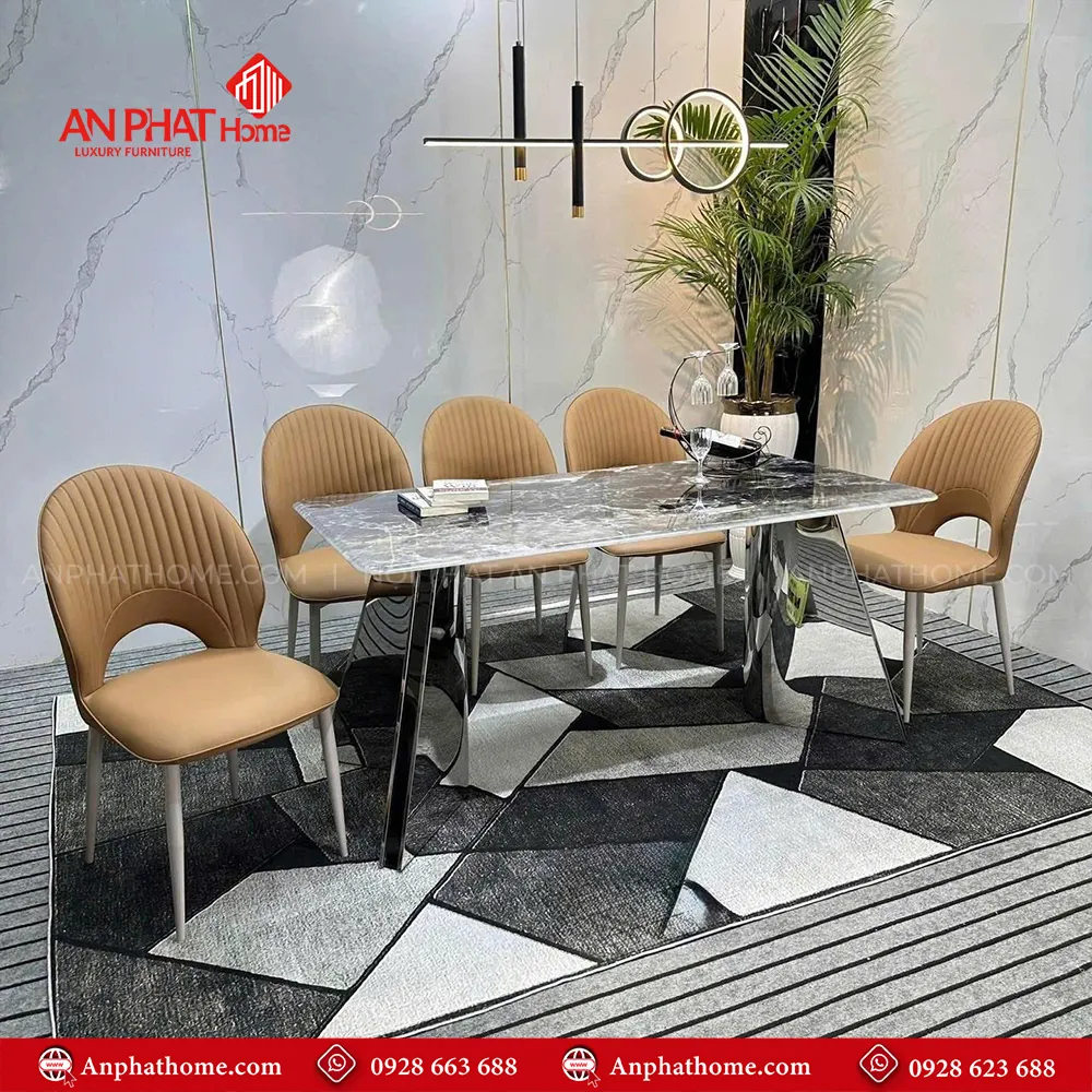 Bộ bàn ăn mặt đá thạch anh 6 ghế da cao cấp BA-2017 13 Bộ bàn ăn mặt đá thạch anh 6 ghế da cao cấp BA-2017, Mặt đá Thạch Anh kết hợp sự sang trọng của inox và sự yêm ai của da Microfiber nhập khẩu