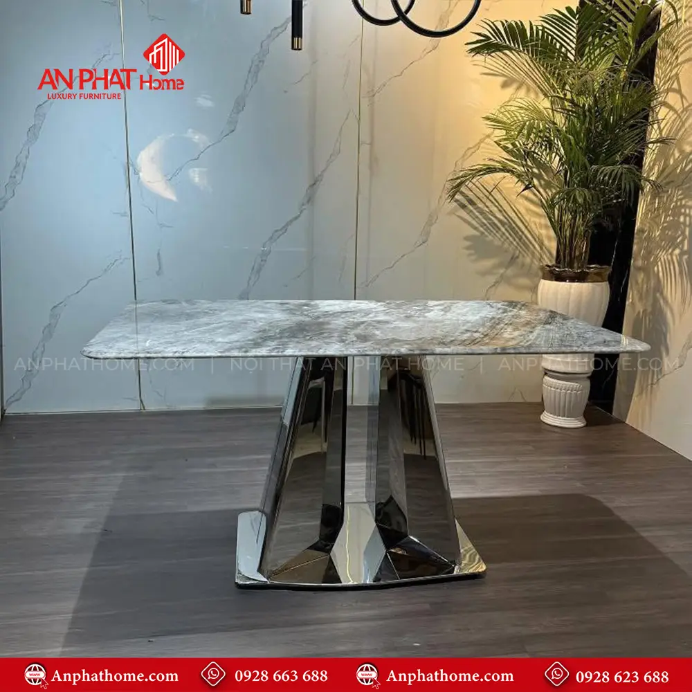 Bộ bàn ăn mặt đá thạch anh 6 ghế da nhập khẩu BA-1973 14 Bàn ăn thiết kế chắc chắn khung inox tráng gương sang trọng mặt bàn đá cao cấp