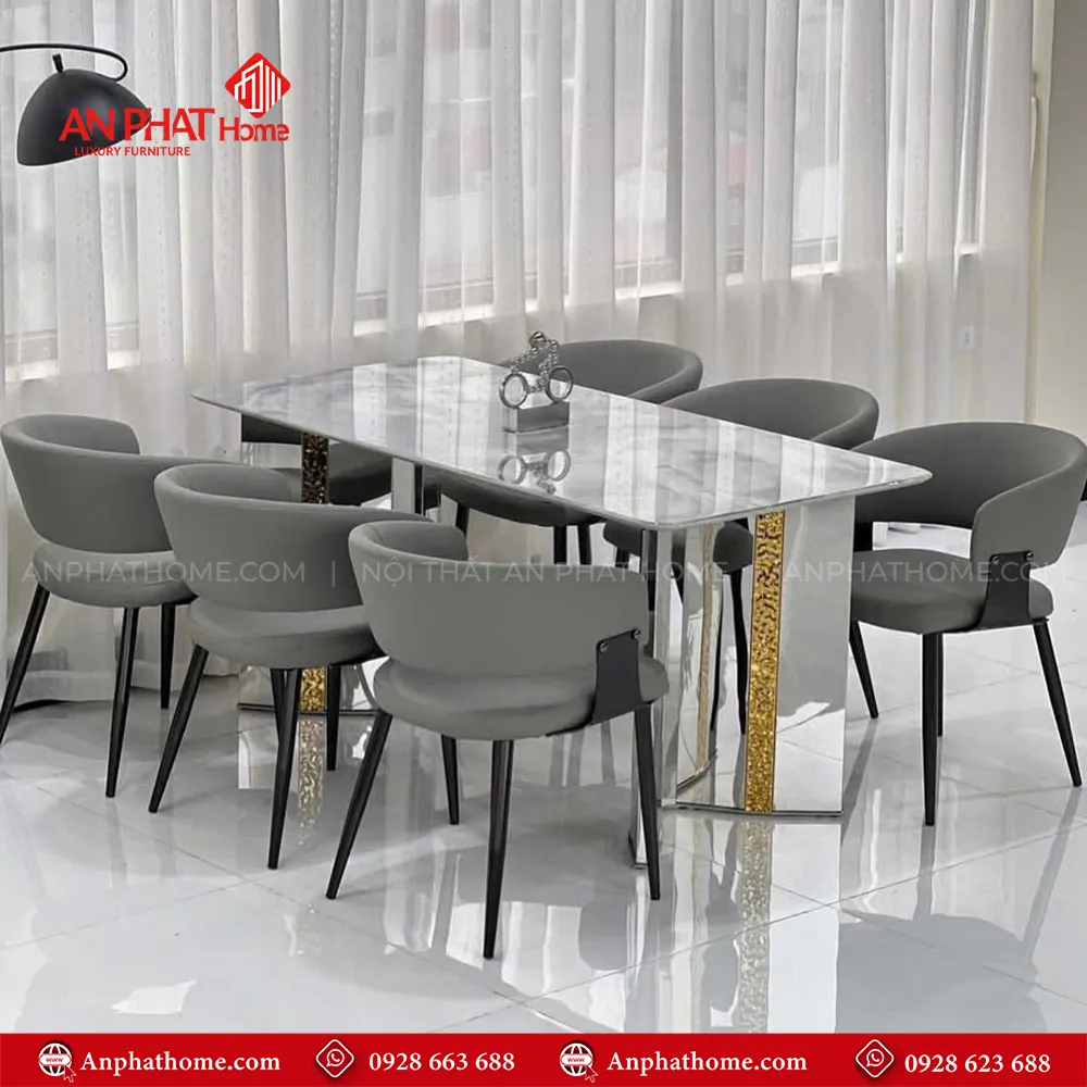 Bộ bàn ăn mặt đá thạch anh 6 ghế nhập khẩu BA-2019 13 Bộ bàn ăn mặt đá thạch anh 6 ghế nhập khẩu BA-2019, Mặt đá Thạch Anh kết hợp sự sang trọng của inox và sự yêm ai của da Microfiber nhập khẩu
