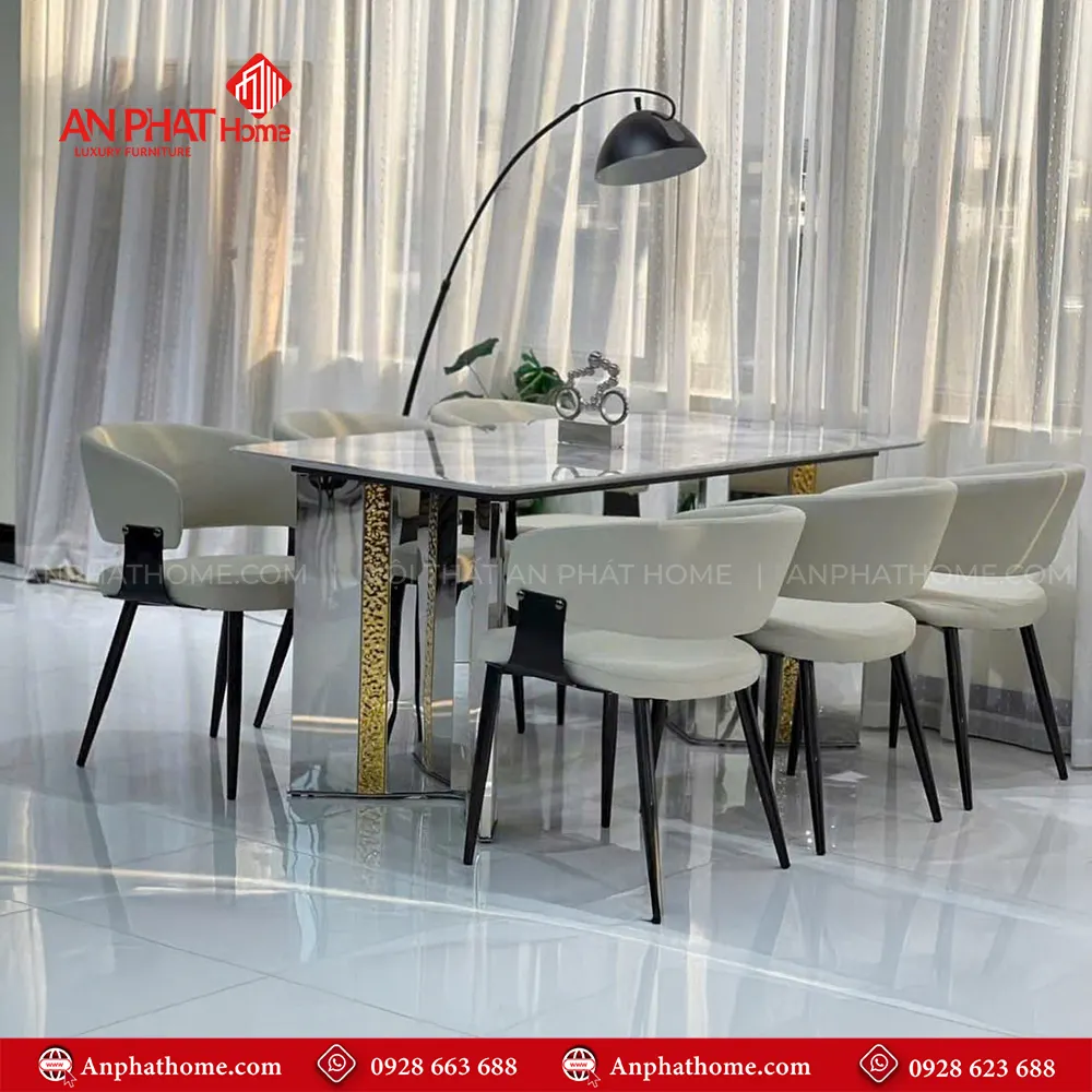 Bộ bàn ăn mặt đá thạch anh 6 ghế nhập khẩu BA-2019 15 Ghế da nhập khẩu thiết kế sang trọng, mặt bàn đá thạch anh cao cấp, tạo lên nét đẹp quý phái của bộ bàn ăn