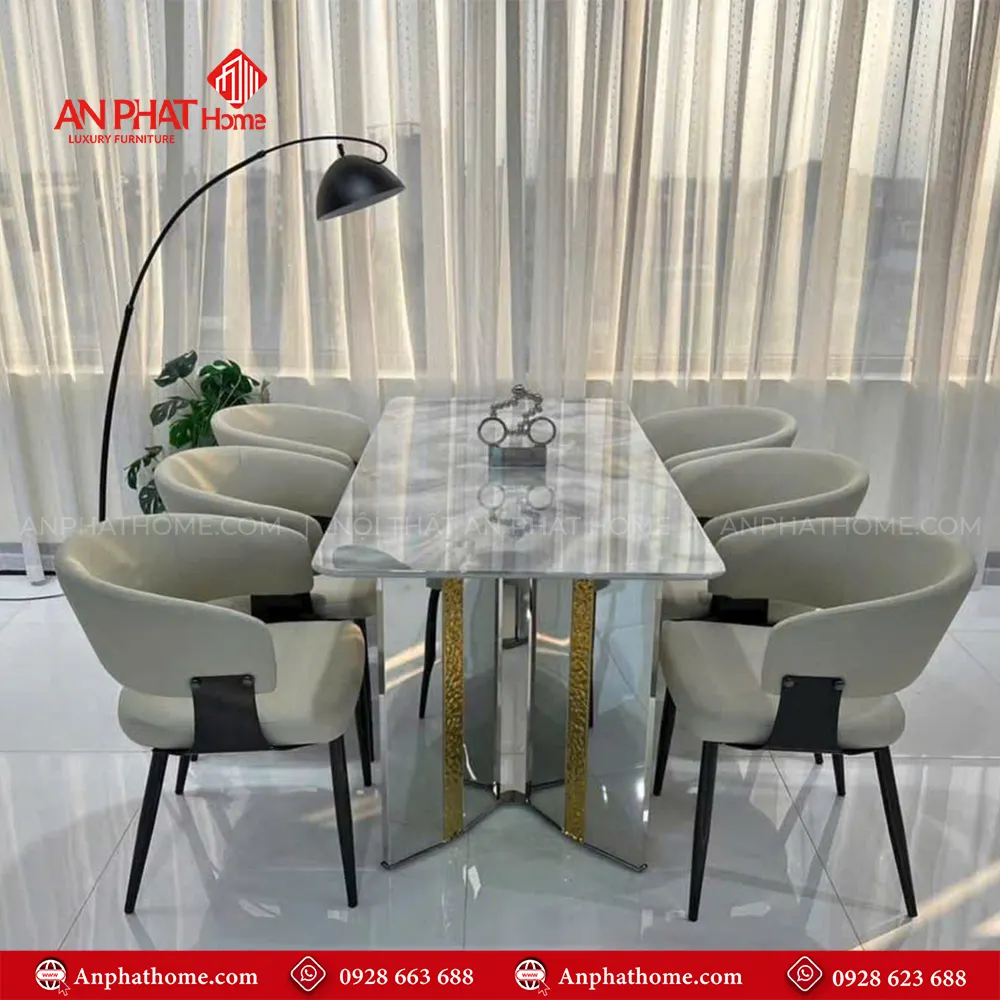Bộ bàn ăn mặt đá thạch anh 6 ghế nhập khẩu BA-2019 16 Ghế da thiết kế sang trọng, bọc da Microfiber cao cấp