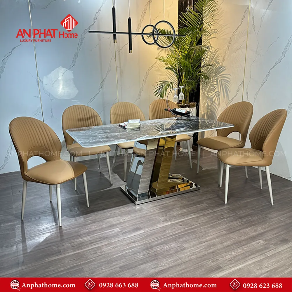 Bộ bàn ăn mặt đá thạch anh cao cấp 6 ghế BA-1981, Khung inox 6 ghế bọc da Microfiber cao cấp