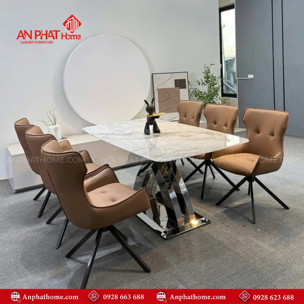 Chân bàn bằng chất liệu inox sang trọng, Ghế da cao cấp nhập khẩu thiết kế hiện đại êm ái với nhiều màu khác nhau