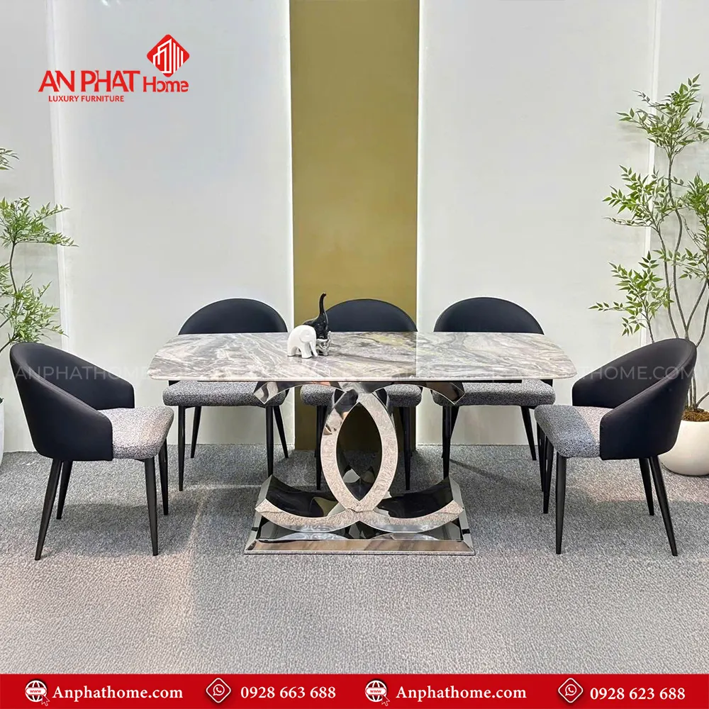 Bộ bàn ăn mặt đá thạch anh cao cấp 6 ghế BA-1992 14 Mẫu bàn ăn BA-1992 thiết kế vô cùng sang trọng, mặt bàn đá thạch anh cao cấp, kèm khung bàn làm từ Inox sáng bóng, phù hợp với mọi không gian